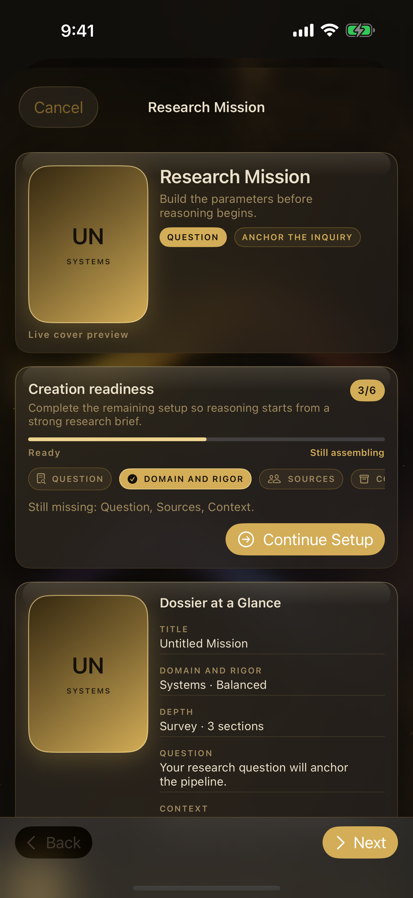Mission console — research question, domain and rigor