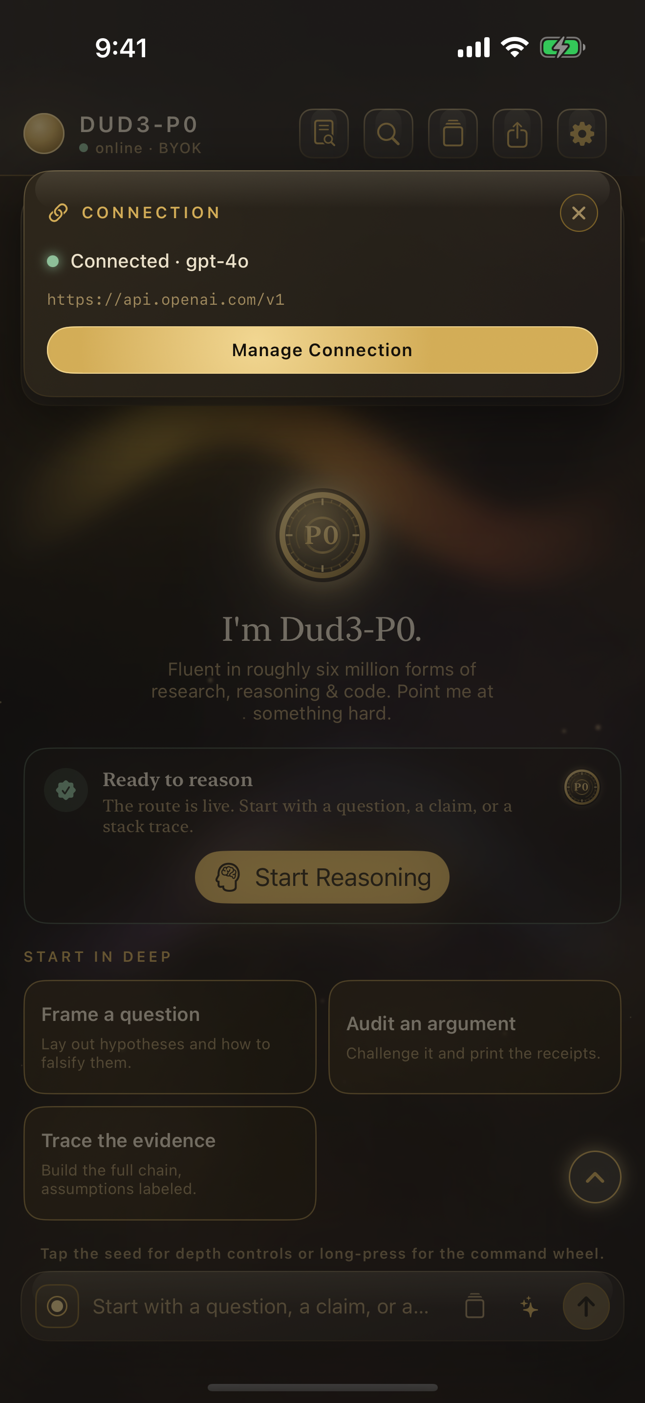 Settings / Connection — BYOK key entry