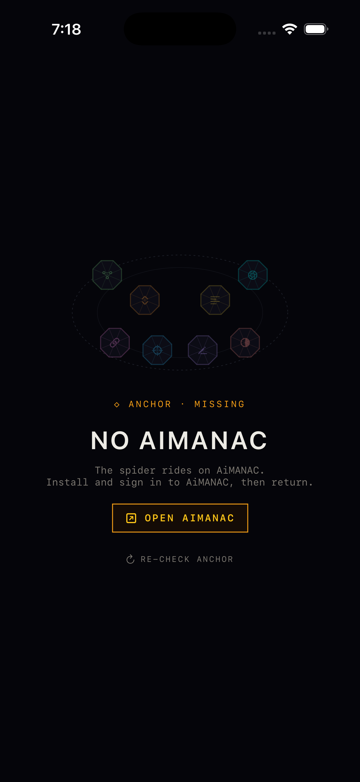ARACHNID opening screen, iPhone Simulator, 16 May 2026