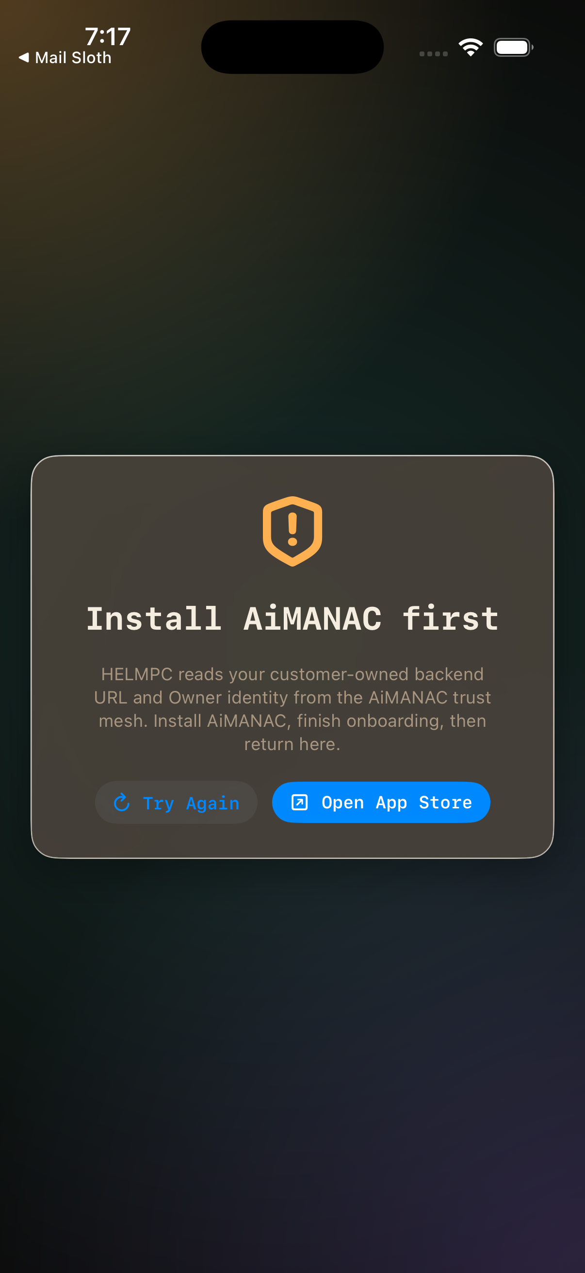 HELMPC opening screen, iPhone Simulator, 16 May 2026