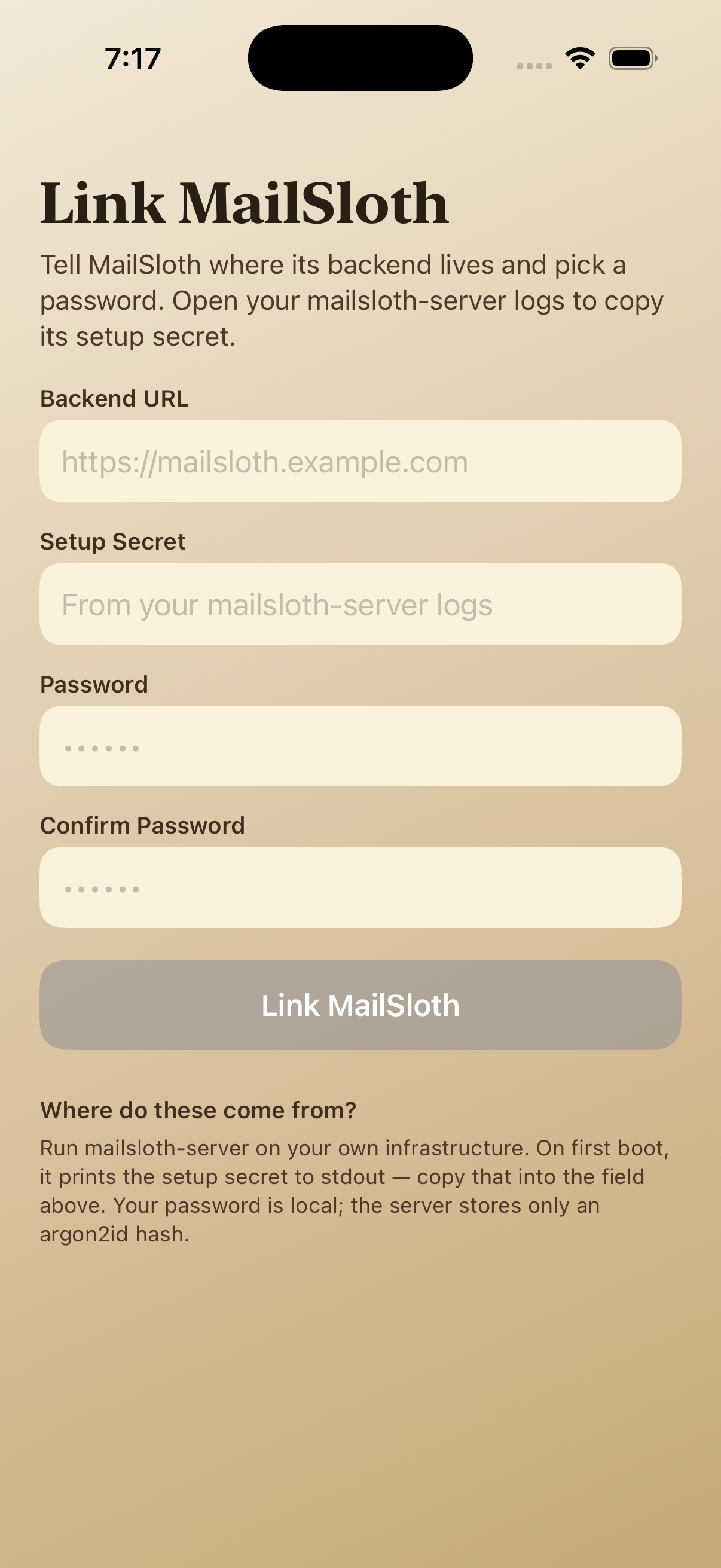 MailSloth opening screen, iPhone Simulator, 16 May 2026
